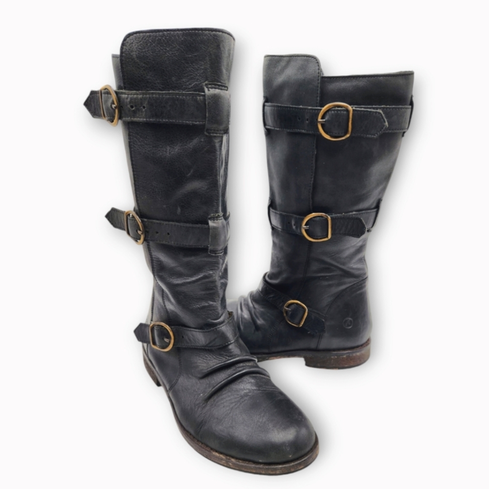 Bronx Womens 8 Triple Buckle Knee High Boots Black Leather 12 Inch Classic